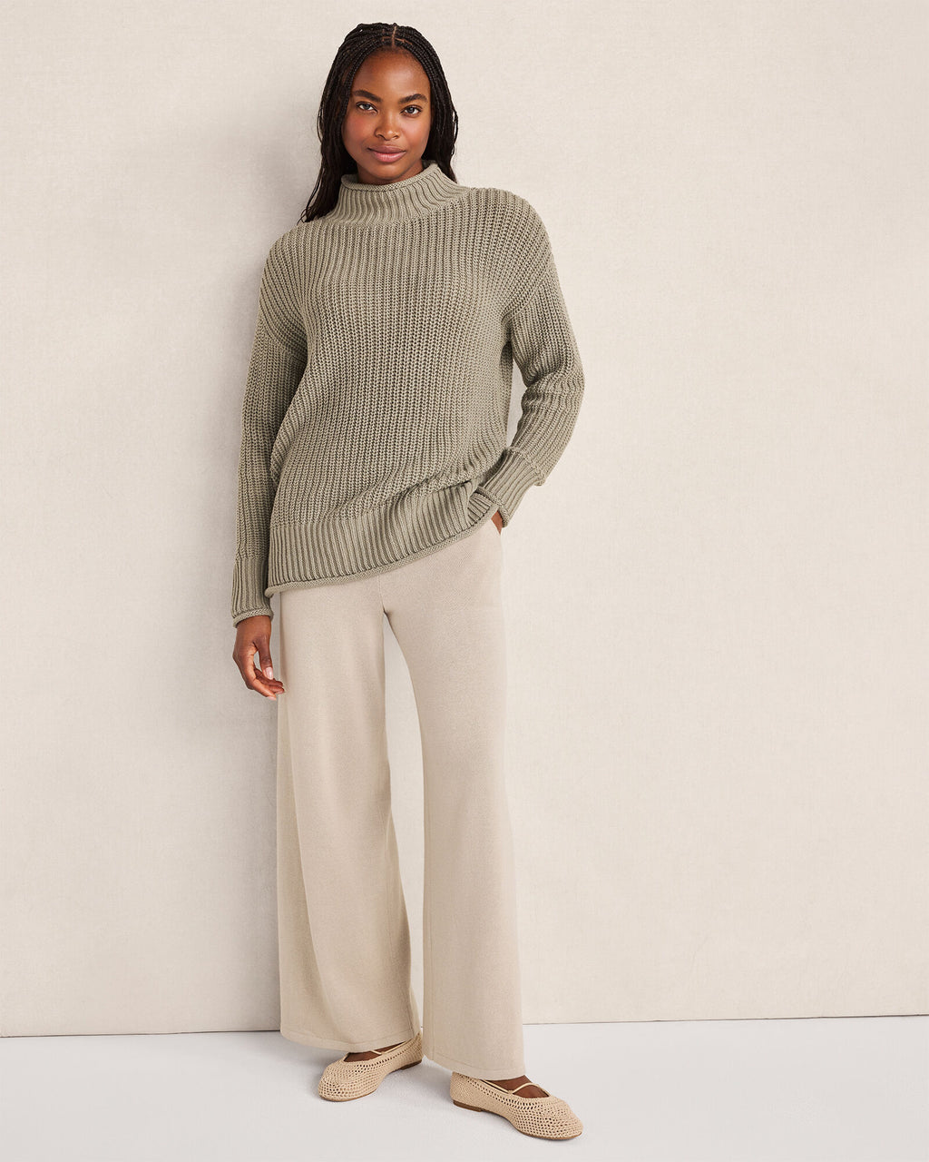 HAVEN Organic Cotton Shaker Stitch Roll Neck Sweater