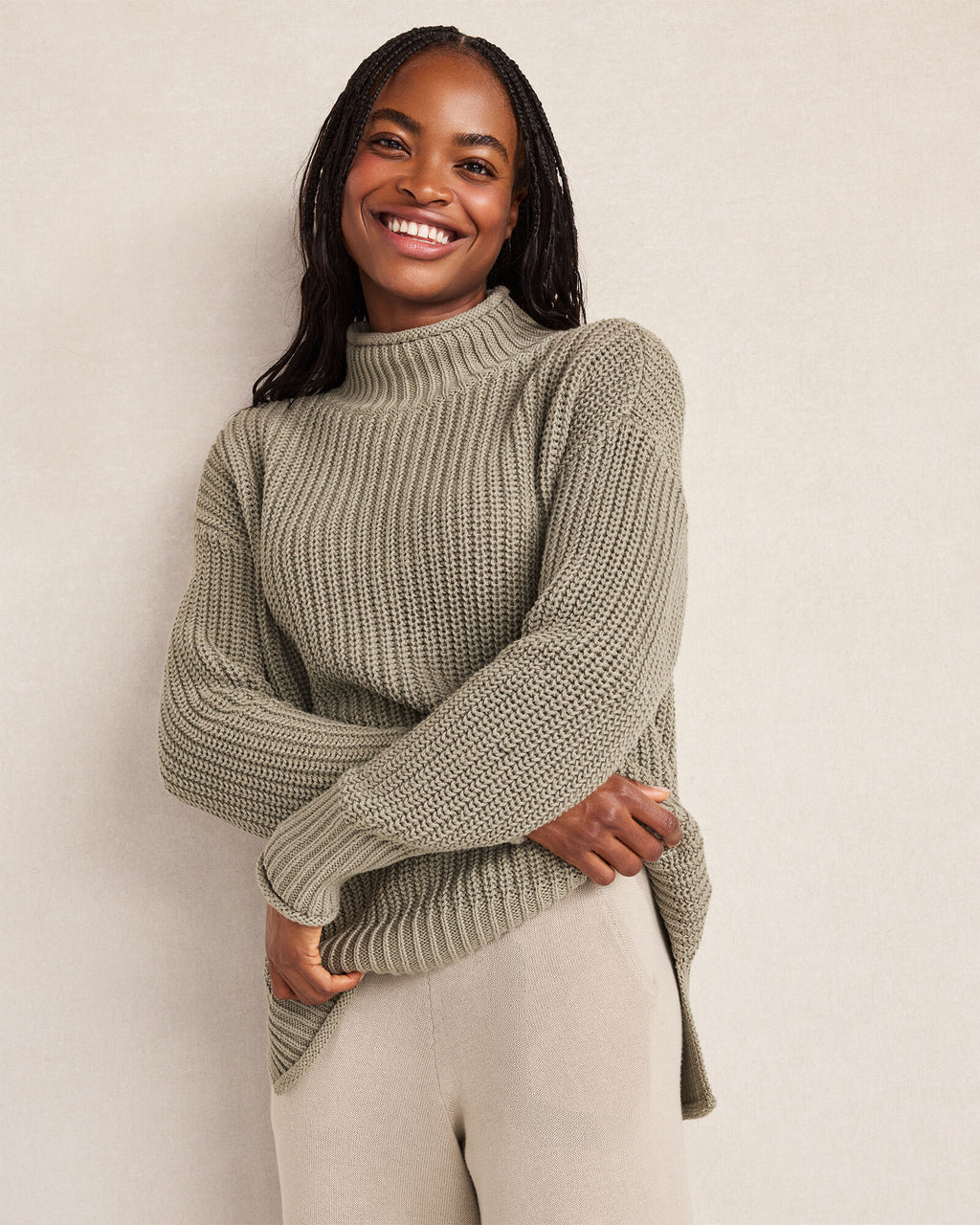HAVEN Organic Cotton Shaker Stitch Roll Neck Sweater