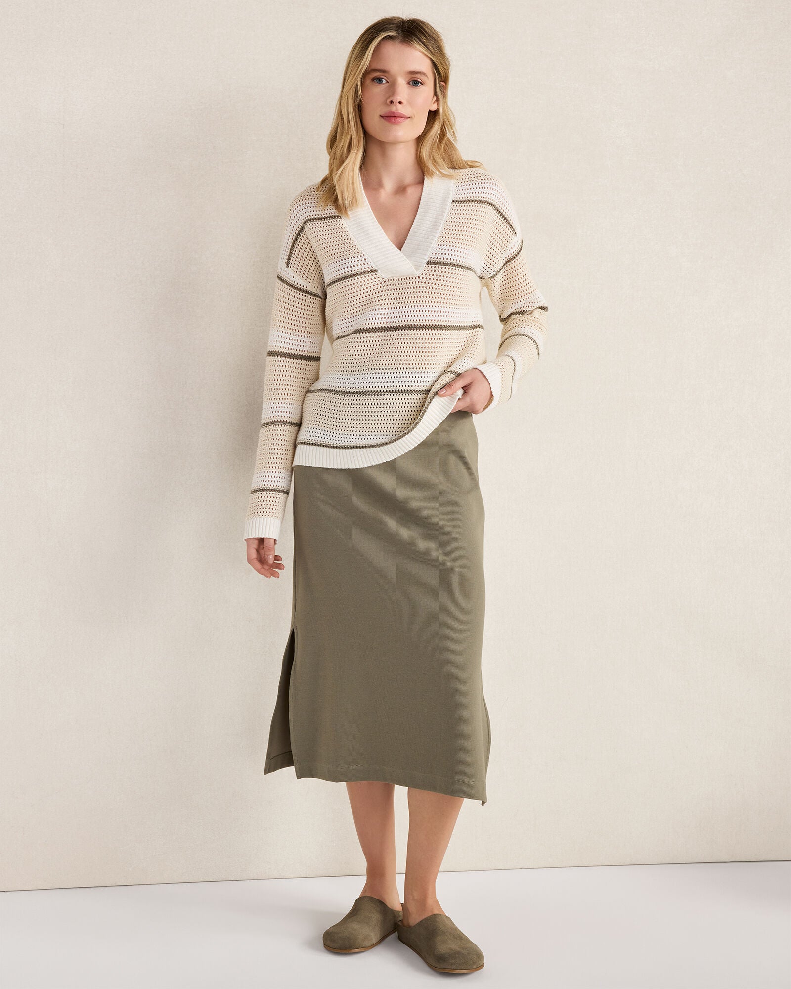 HAVEN Cotton Linen Stripe Crossover Sweater