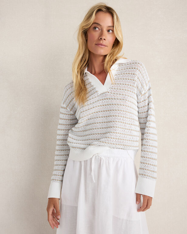 HAVEN Organic Cotton Stripe Mixed Stitch Johnny Collar Sweater