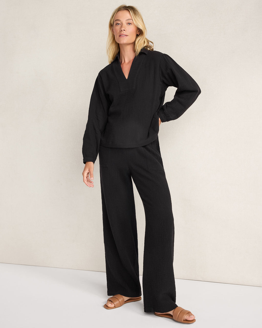 HAVEN Textured Cotton Gauze Collared Top