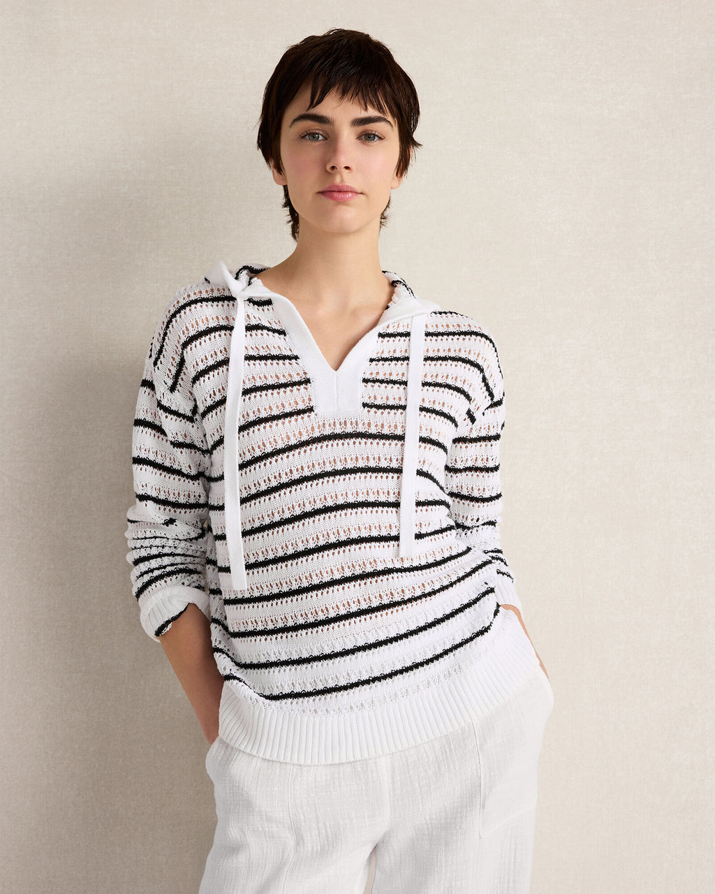 HAVEN Linen Cotton Blend Striped Open Stitch Hoodie