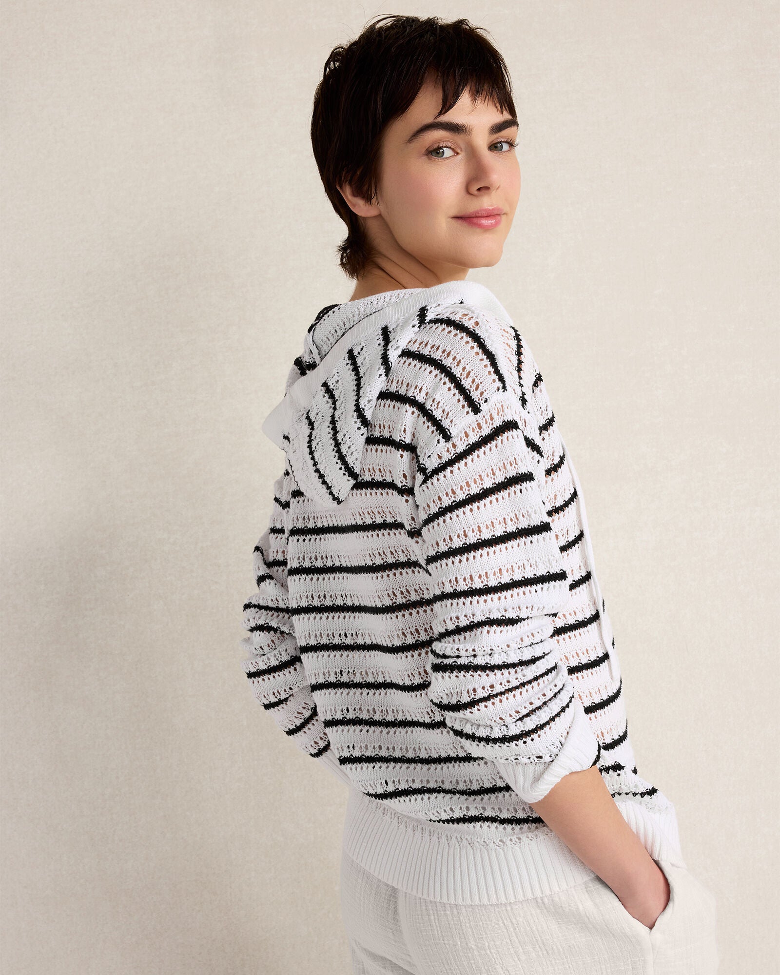 HAVEN Linen Cotton Blend Striped Open Stitch Hoodie