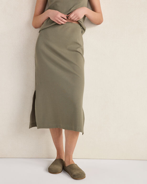 HAVEN Organic Cotton Rib Knit Midi Skirt High Waist 30" Vetiver
