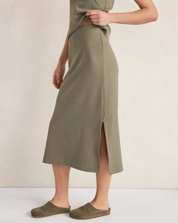 HAVEN Organic Cotton Rib Knit Midi Skirt High Waist 30" Vetiver