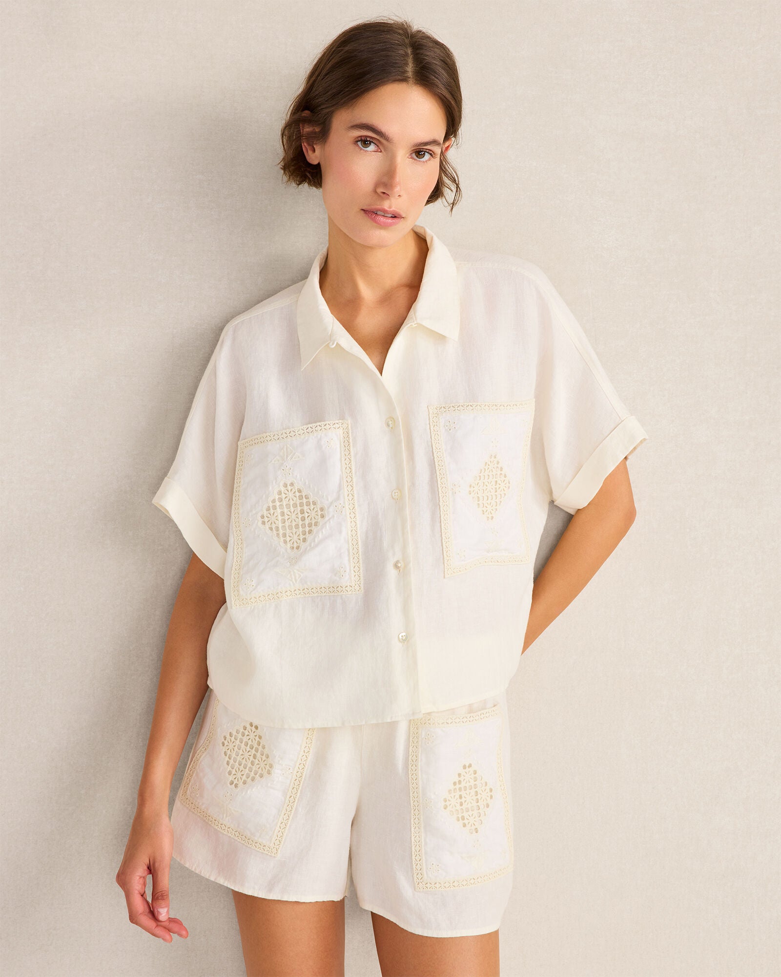 HAVEN Organic Cotton Linen Embroidered Pocket Shorts