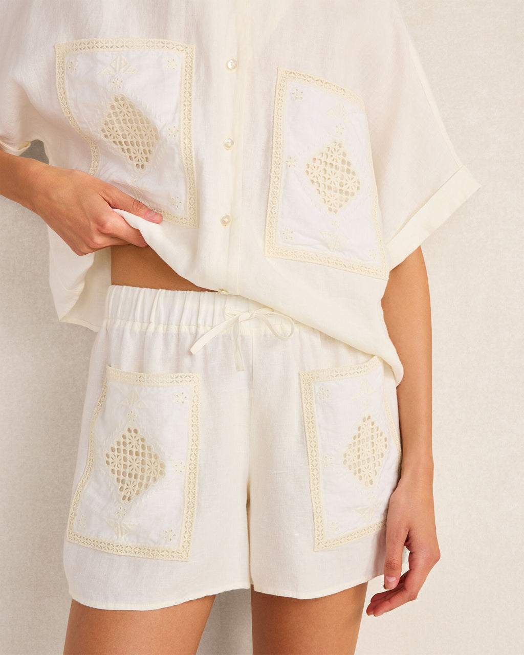 HAVEN Organic Cotton Linen Embroidered Pocket Shorts