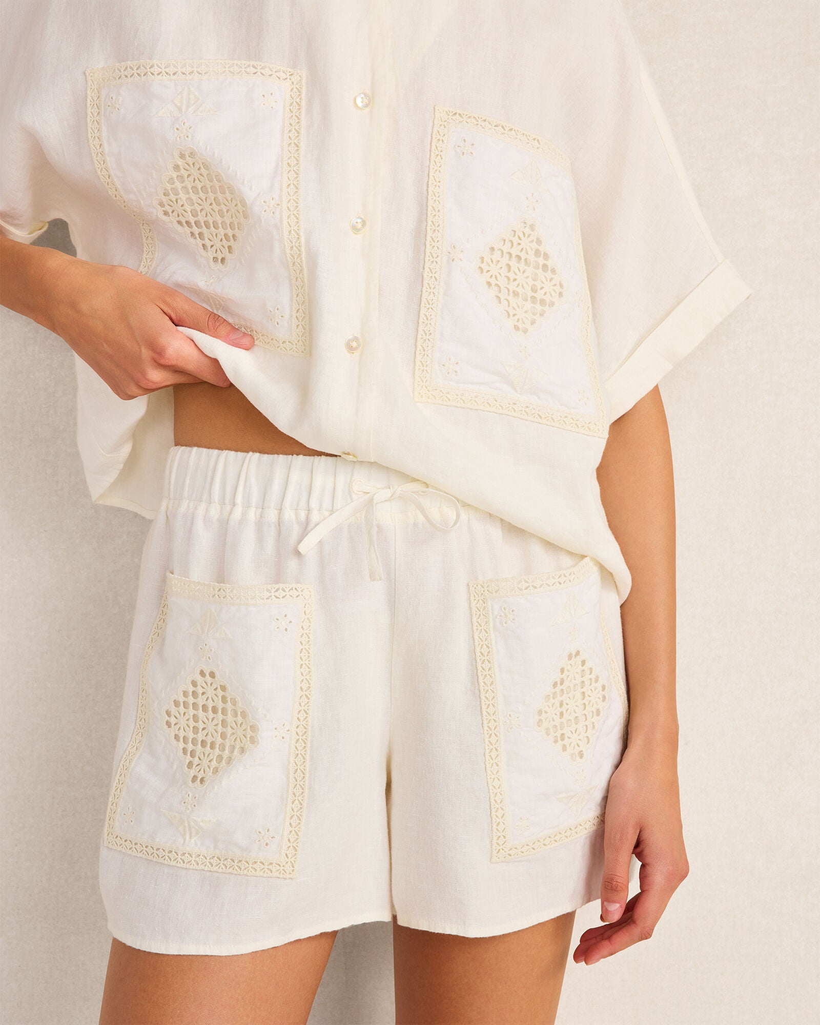 HAVEN Organic Cotton Linen Embroidered Pocket Shorts