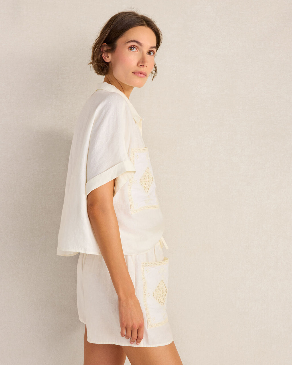 HAVEN Organic Cotton Linen Embroidered Pocket Shorts