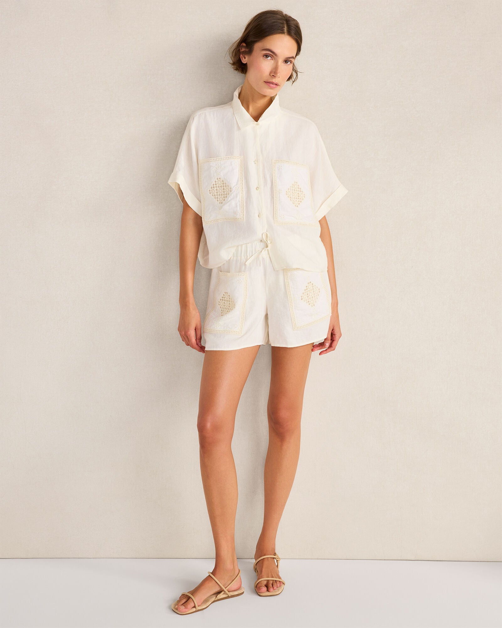 HAVEN Organic Cotton Linen Embroidered Pocket Shorts